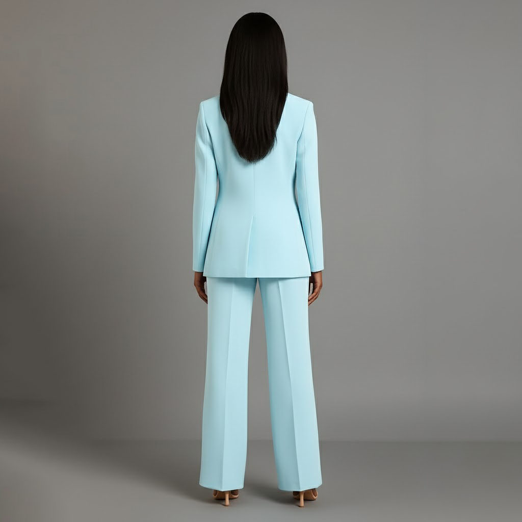 Stilrent kostymset för kvinnor. Elegant grå kavaj & vida byxor, för en modern professionell look.