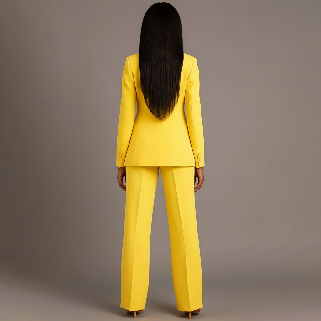 Minimalistiskt damkostymset. Rena linjer, kavaj & vida byxor för en sofistikerad affärsstil.