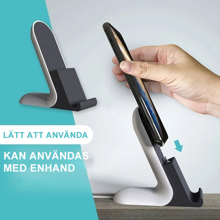 "Stilrent telefonställ i ABS och silikon för snabb laddning och kabelorganisation, perfekt för iPhone och Android-enheter."