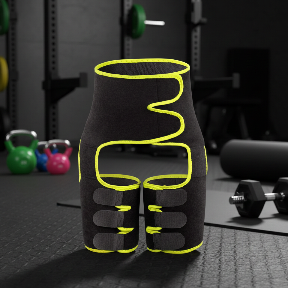 Svart stödband med gul kant på gymgolv