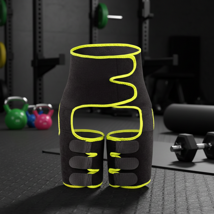 Svart stödband med gul kant på gymgolv