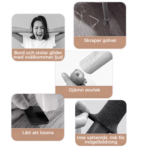 "Stolsfotpads med halkskydd och ljuddämpning, beige och svarta varianter, perfekt för hemmöbler, enkel installation."