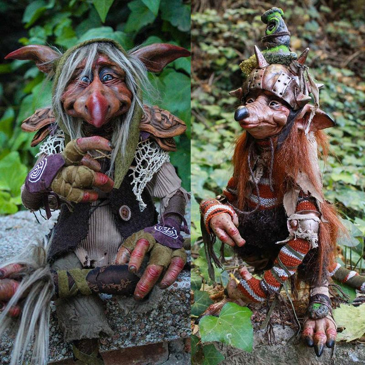 "Stor goblinfigur i harts för trädgårdsdekor, är detaljrik, handmålad och väderbeständig, perfekt för utomhusmiljöer."