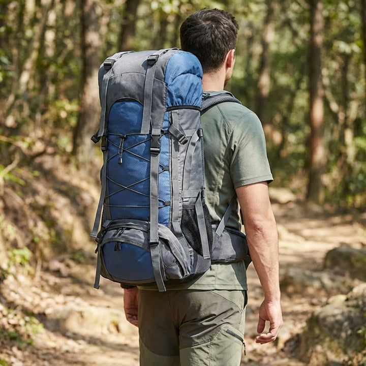 Stor svart 60-liters trekkingryggsäck Pathward, perfekt för långa vandringar och friluftsliv i alla väder.