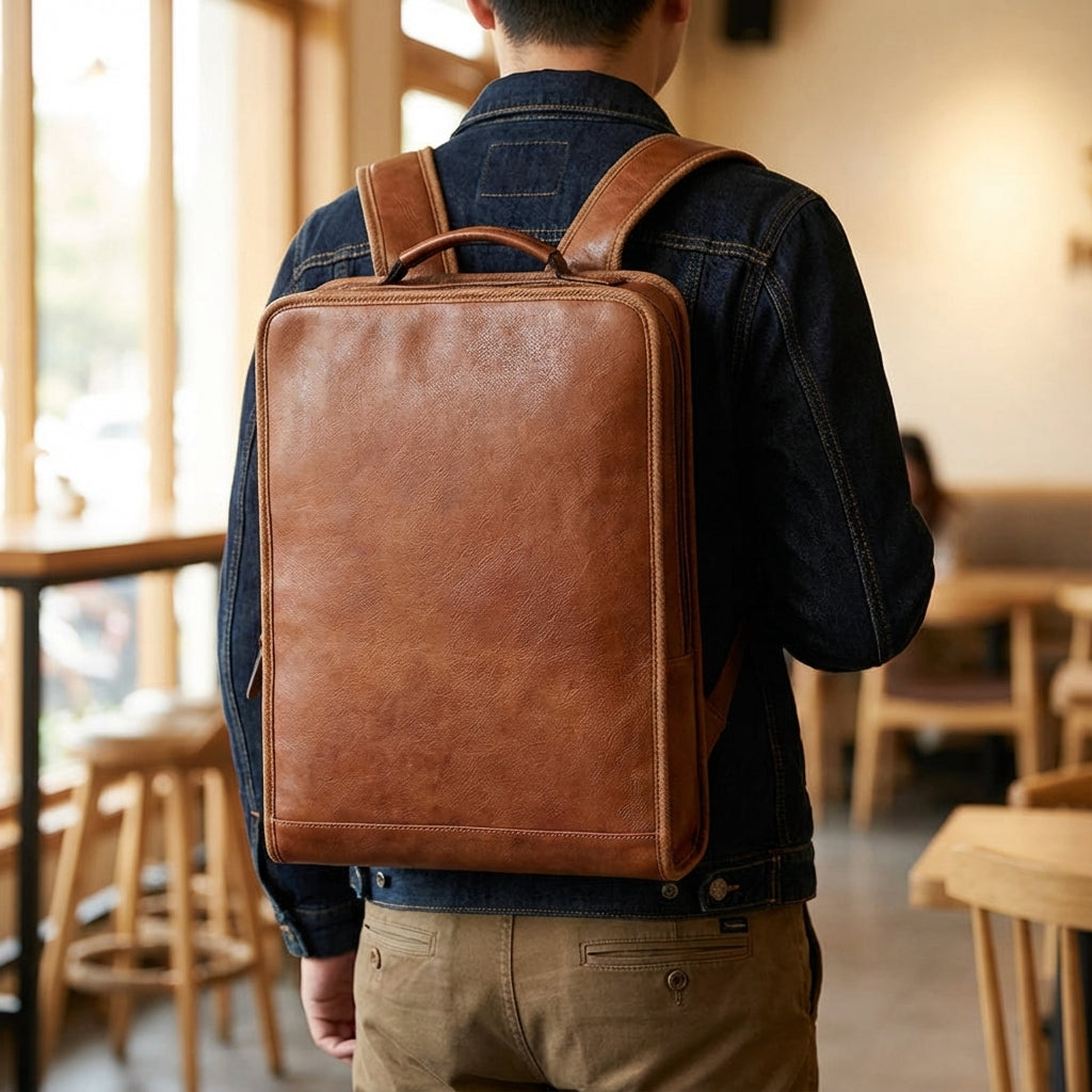 Strukturerad brun laptopryggsäck för professionellt bruk, perfekt för arbete och pendling.
