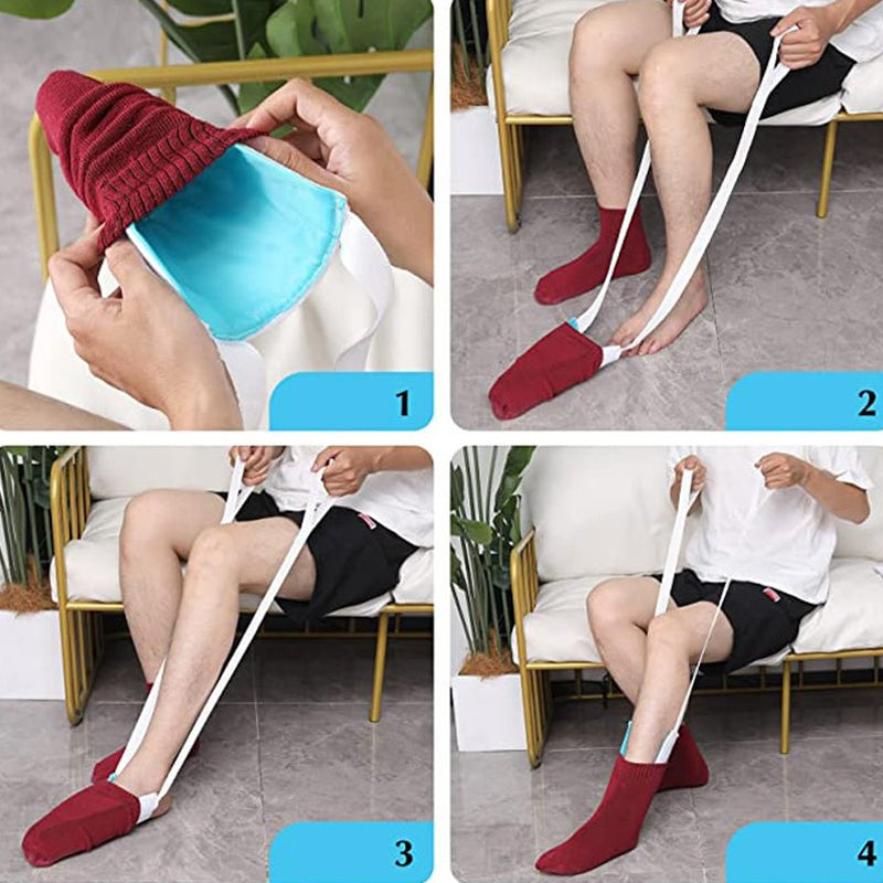 Strumpåtagare i mörkblå och sjöblå för äldre och gravida. Ergonomisk design med tre fingrar och mjukt handdukstyg.