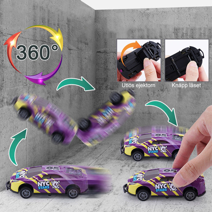 "Stuntleksaksbil för barn, färgglad design, robust material, automatisk hoppfunktion för actionfylld lek utan batterier."