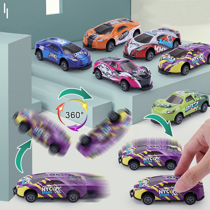 "Stuntleksaksbil för barn, färgglad design, robust material, automatisk hoppfunktion för actionfylld lek utan batterier."