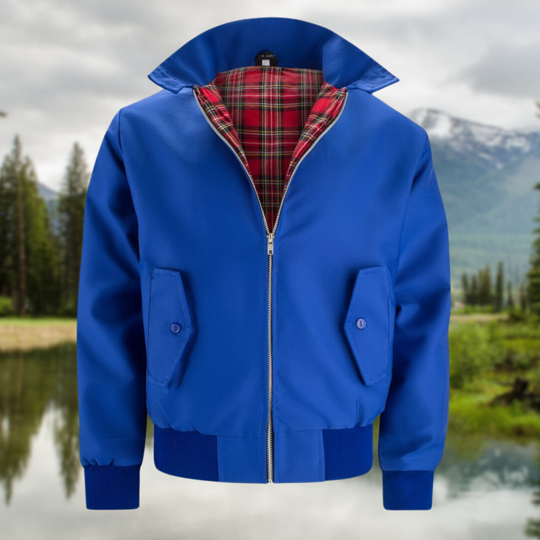 Klassisk herrmode harrington-jacka i marinblått med rutigt tartanfoder