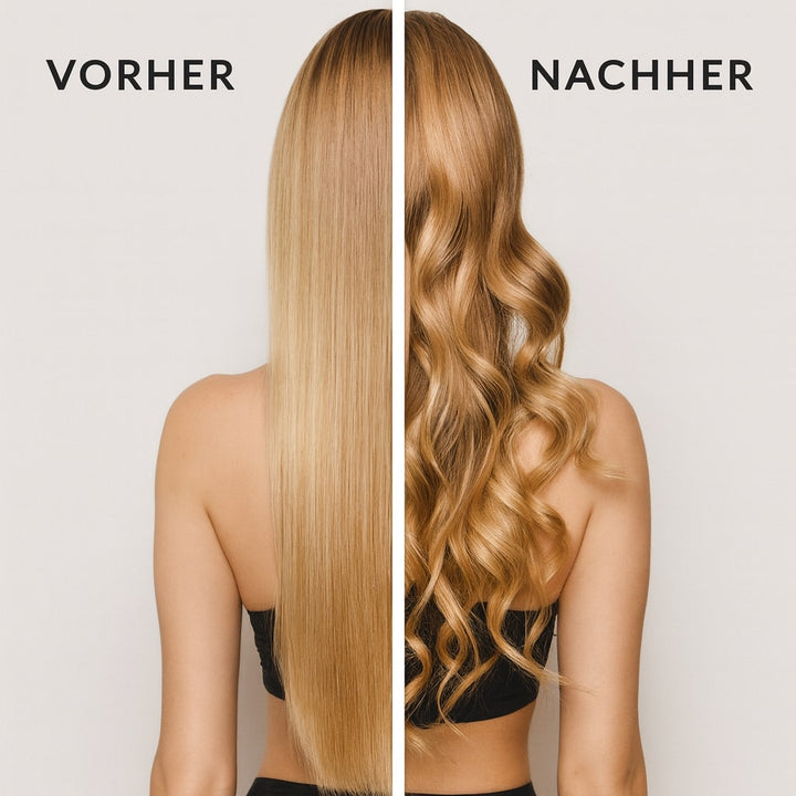 Jämförelsebild som visar rakt hår före och lockigt hår efter användning