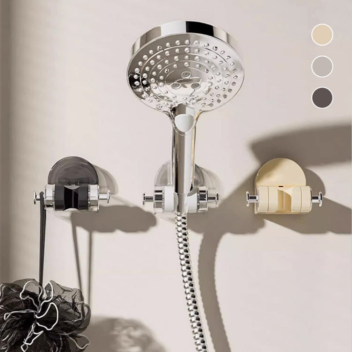 "Sugkopp duschtillbehör i silver och transparent ABS-material, justerbar krok för duschmunstycke, stilren badrumsdesign."