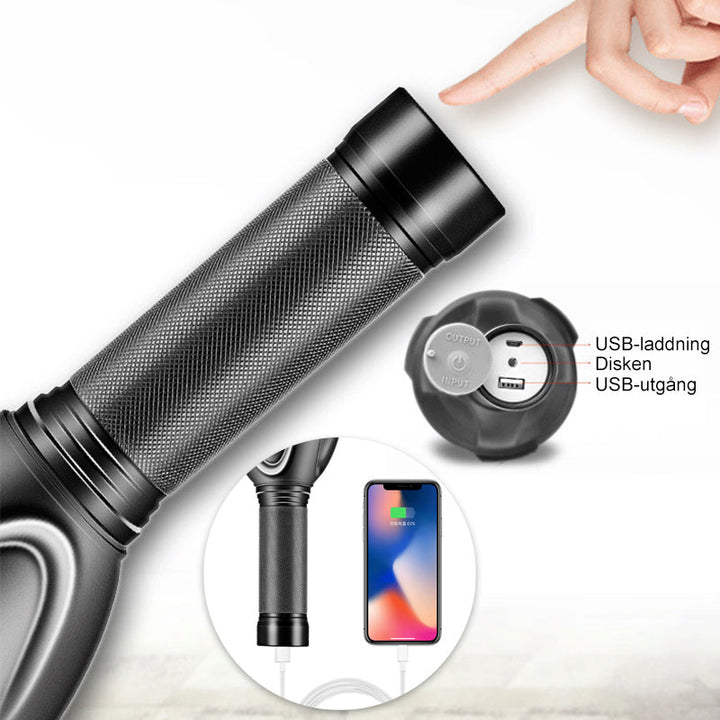 "Superlysstark ficklampa med Cree XHP70 dioder, slitstarkt aluminiumhölje, idealisk för utomhusaktiviteter."