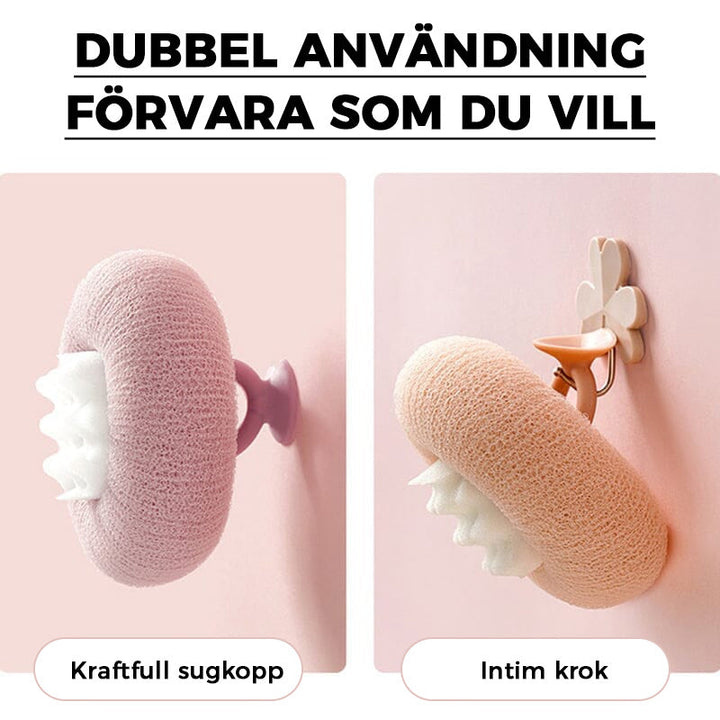 "Supermjuk badsvampblomma med praktiskt handtag och silikonmassagepartiklar för hudvänlig och revitaliserande duschupplevelse