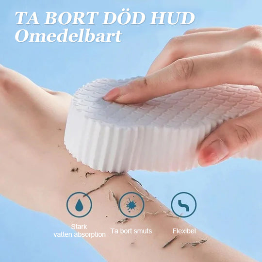 "Supermjuk exfolierande badsvamp i pastellfärger; skonsam rengöring för känslig hud, idealisk för barn och vuxna."