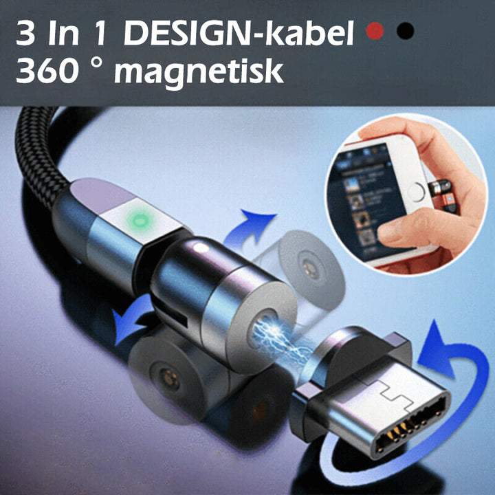 Svart 3-IN-1 magnetisk kabel med 360° rotation, adapters för Apple, Android, Type-C, avancerad laddningsfunktion.