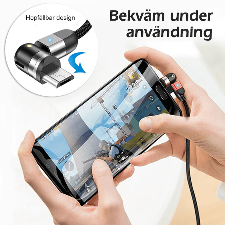 Svart 3-IN-1 magnetisk kabel med 360° rotation, adapters för Apple, Android, Type-C, avancerad laddningsfunktion.