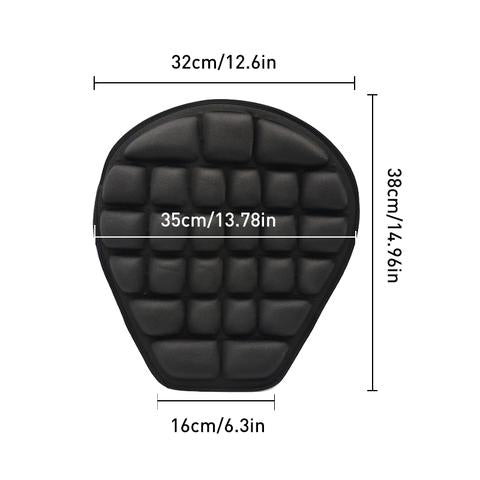 "Svart 3D-motorcykelsittdyna med ventilerande design, halkfri botten och elastiska remmar för maximal bekvämlighet och stabil