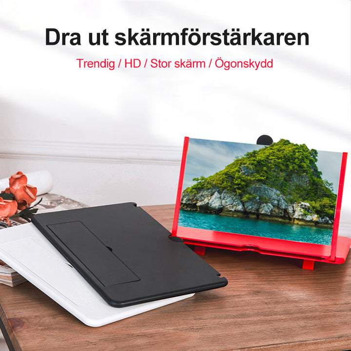 Svart 3D skärmförstorare för mobil, elegant design, optisk HD-zoom, skyddar ögonen, bärbar och kompakt.