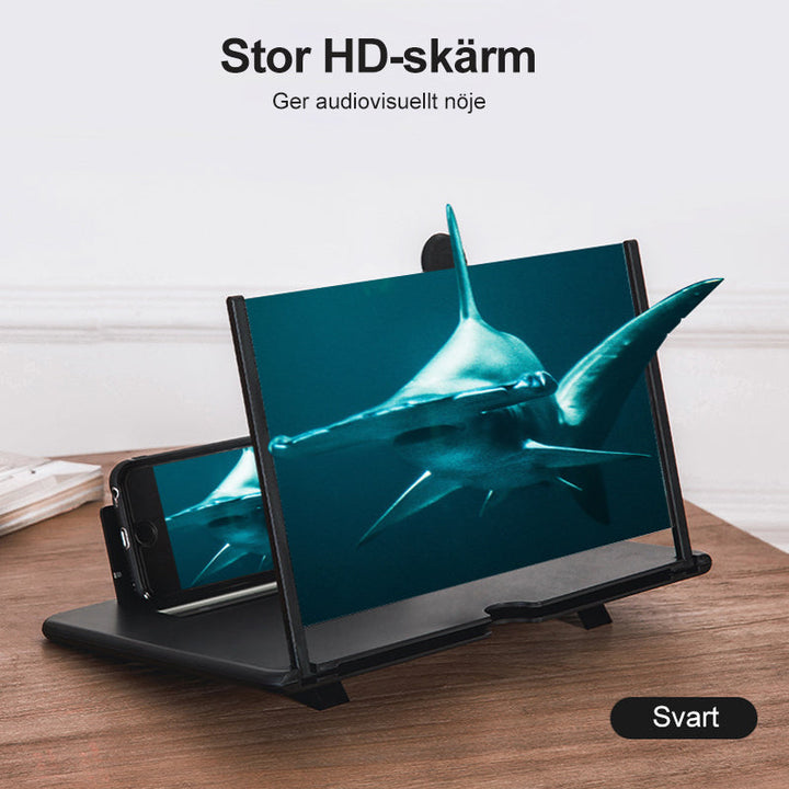 Svart 3D skärmförstorare för mobil, elegant design, optisk HD-zoom, skyddar ögonen, bärbar och kompakt.