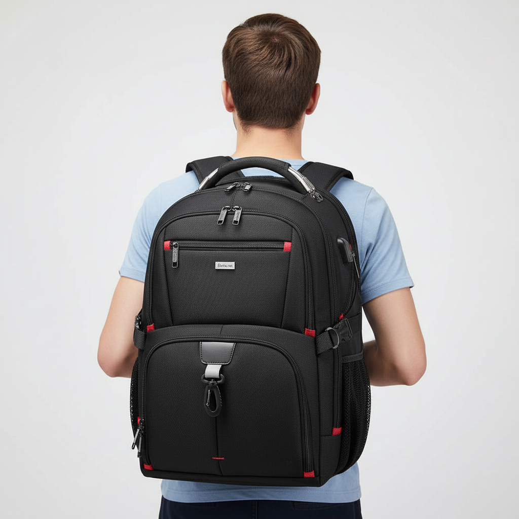 Stor unisex reseryggsäck, 50L, svart vattentålig nylon för laptop och vandring. Perfekt för organiserat bagage.