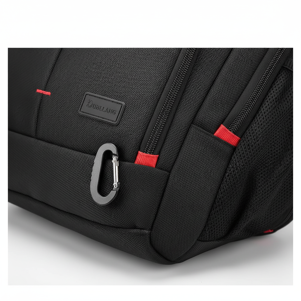 Mångsidig svart 50L laptopryggsäck i vattentålig nylon med smart organisering för resor och vandring.