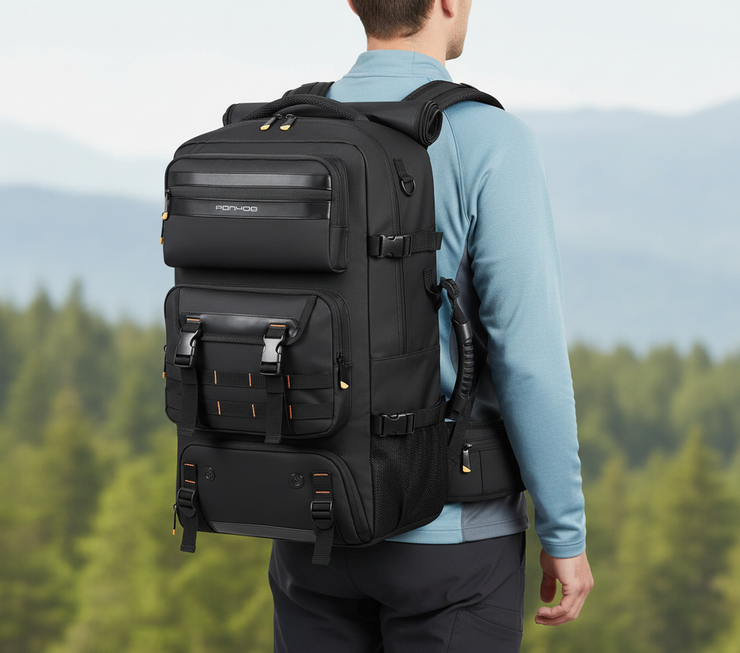 Svart 50L reseryggsäck med USB-laddning, ergonomisk design, perfekt för äventyr och handbagage.