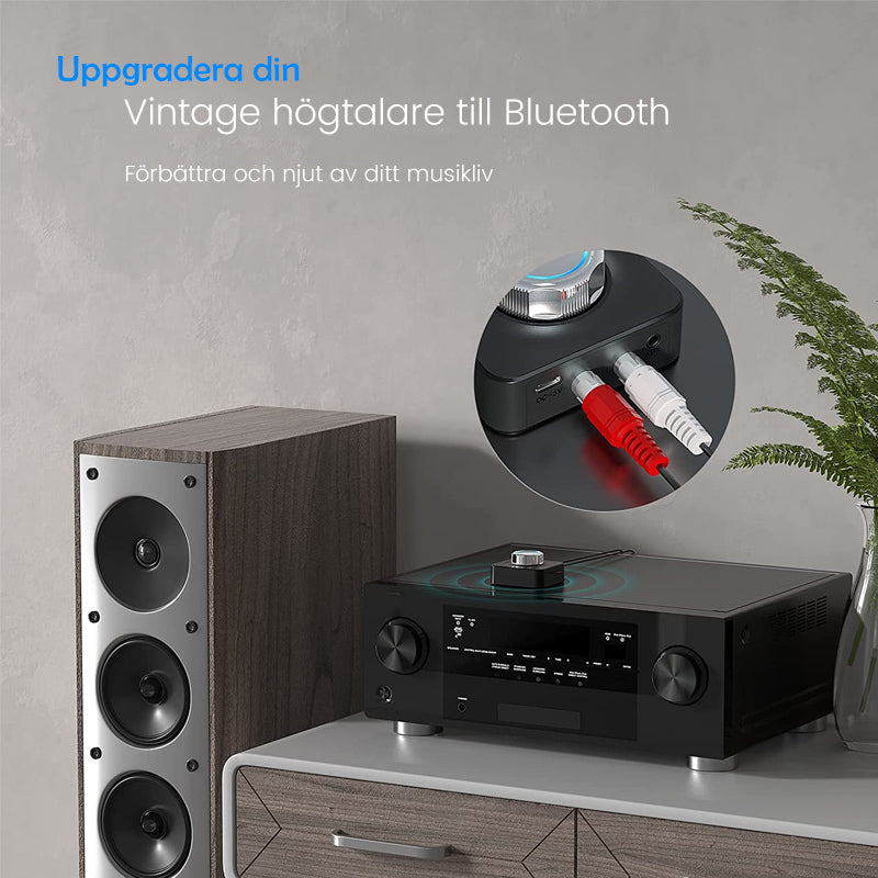 "Svart Bluetooth 5.0 RCA mottagare med AUX, kompakt design och tydliga volymkontroller samt microSD-kortläsare"