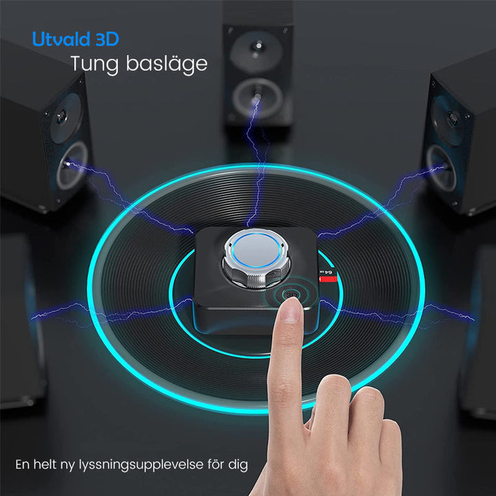 "Svart Bluetooth 5.0 RCA mottagare med AUX, kompakt design och tydliga volymkontroller samt microSD-kortläsare"