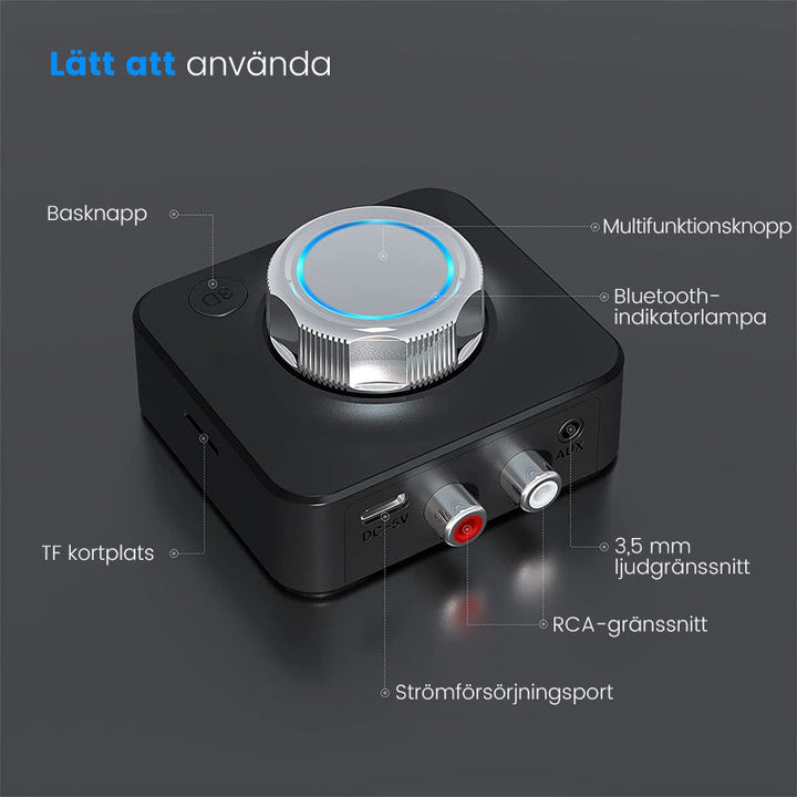 "Svart Bluetooth 5.0 RCA mottagare med AUX, kompakt design och tydliga volymkontroller samt microSD-kortläsare"