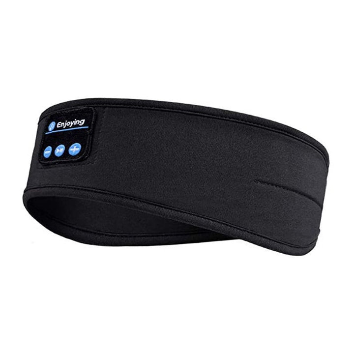 "Svart Bluetooth sportpannband med inbyggd mikrofon, trådlös teknik och flexibel passform för träning och avkoppling."
