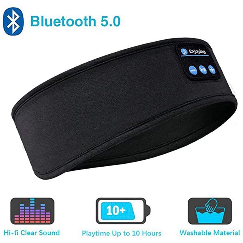 "Svart Bluetooth sportpannband med inbyggd mikrofon, trådlös teknik och flexibel passform för träning och avkoppling."