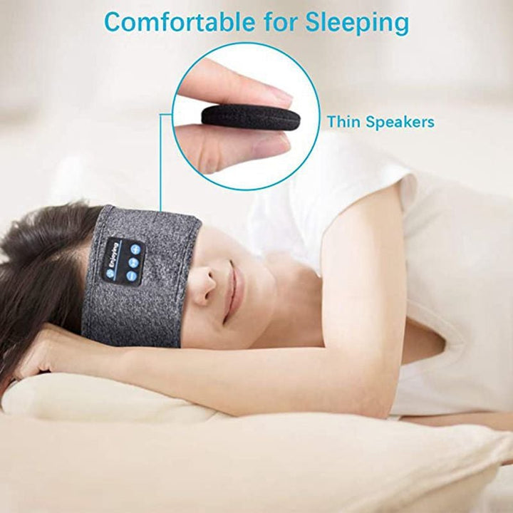 "Svart Bluetooth sportpannband med inbyggd mikrofon, trådlös teknik och flexibel passform för träning och avkoppling."