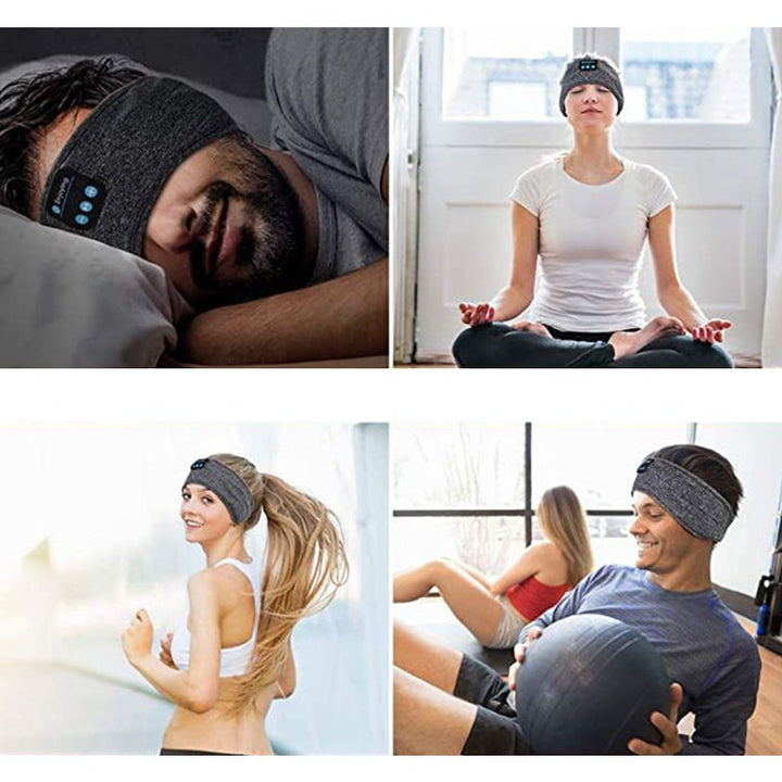 "Svart Bluetooth sportpannband med inbyggd mikrofon, trådlös teknik och flexibel passform för träning och avkoppling."