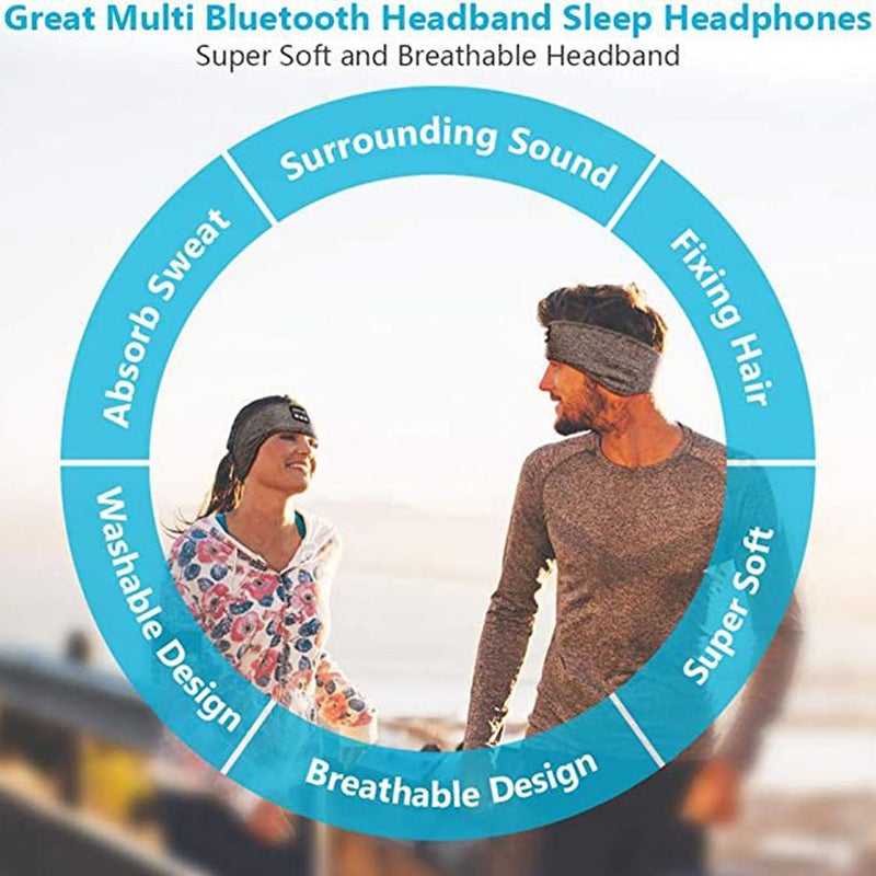 "Svart Bluetooth sportpannband med inbyggd mikrofon, trådlös teknik och flexibel passform för träning och avkoppling."