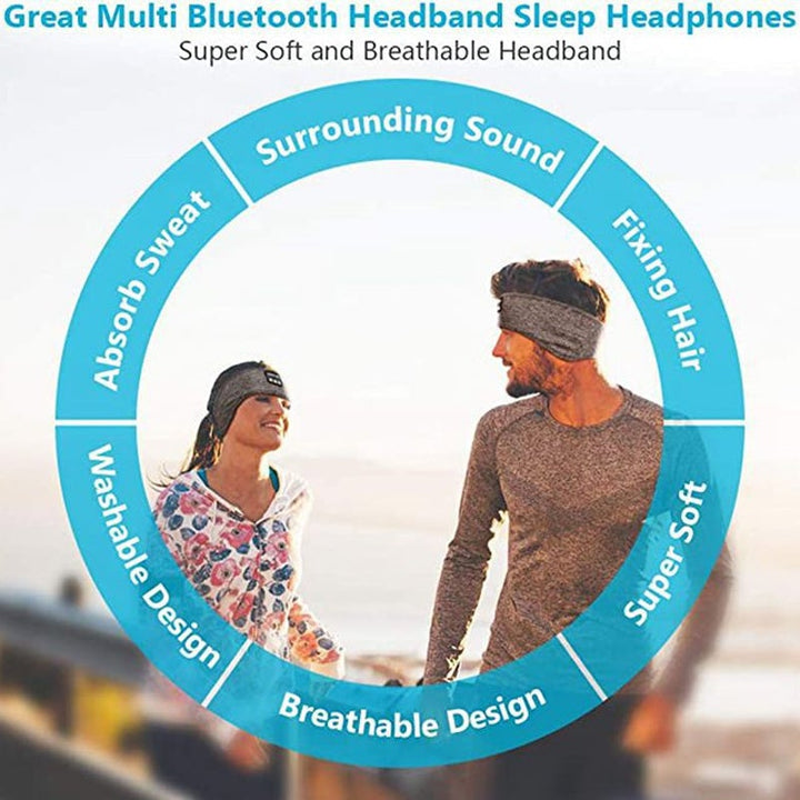 "Svart Bluetooth sportpannband med inbyggd mikrofon, trådlös teknik och flexibel passform för träning och avkoppling."