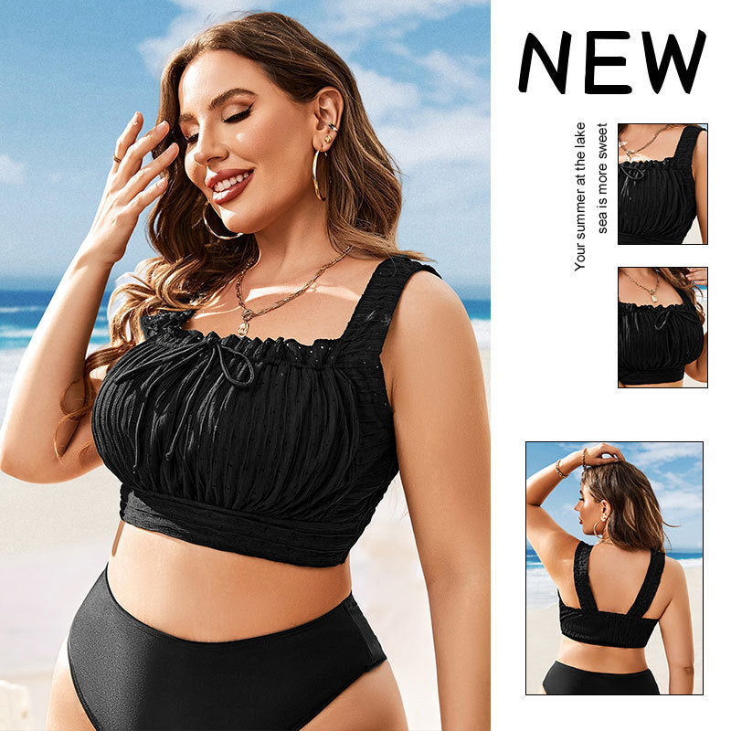 Svart damsport bikinitopp med elegant volangdesign. Perfekt för sommar, strand och bekväma badkläder.