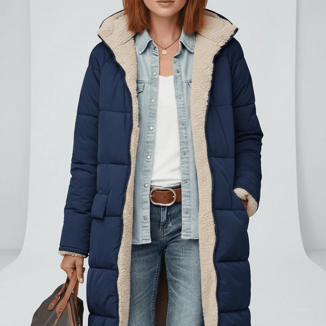 Khaki lång vadderad vinterkappa Lillian, elegant design för vardagsmode. Kvinnors quiltad dunjacka.