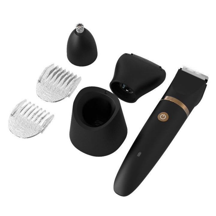 "Svart elektrisk kroppshårstrimmer för män med 3-i-1-design, keramiska blad och olika kammar för precis grooming."