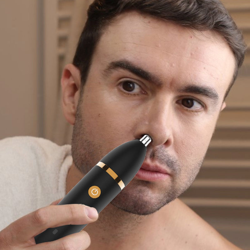 "Svart elektrisk kroppshårstrimmer för män med 3-i-1-design, keramiska blad och olika kammar för precis grooming."