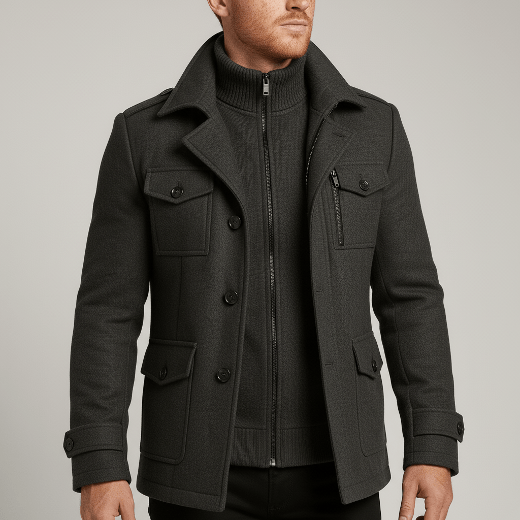 Svart figursydd herrkappa "Ethan" med smal passform, perfekt för kontor och elegant vardagsstil.