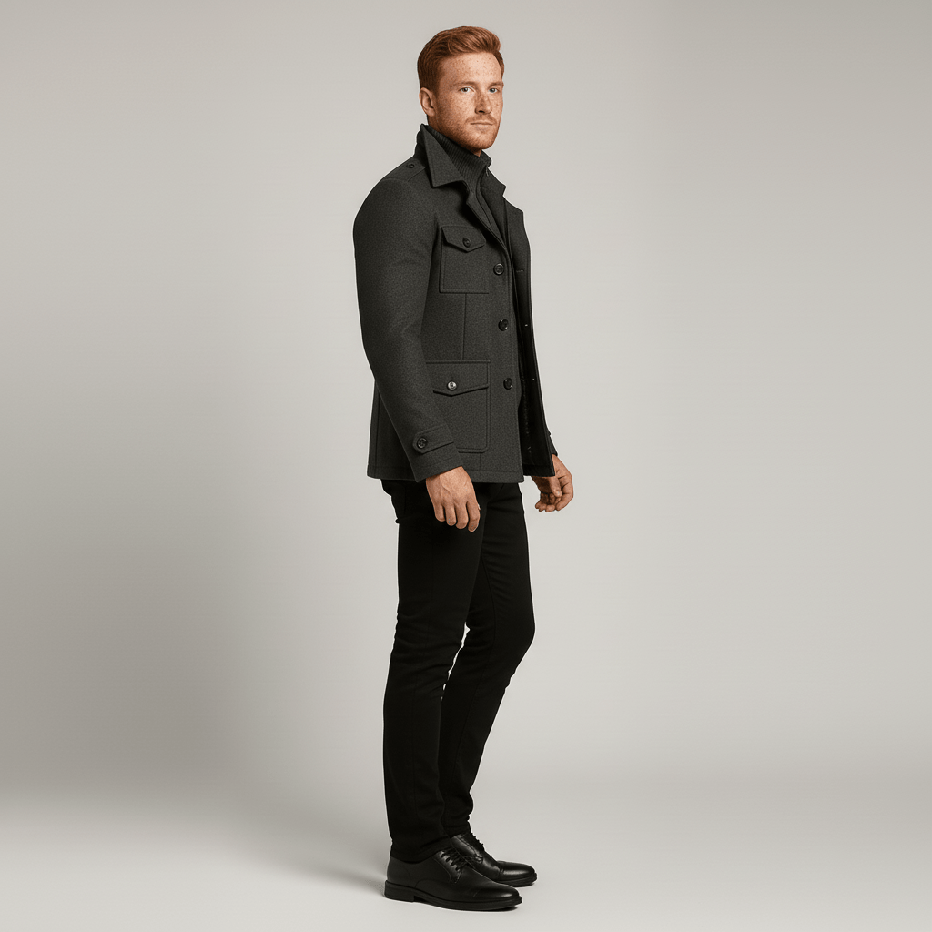 Elegant smal figursydd herrkappa "Ethan" i tidlös design, perfekt ytterrock för kontors- och vardagsbruk.