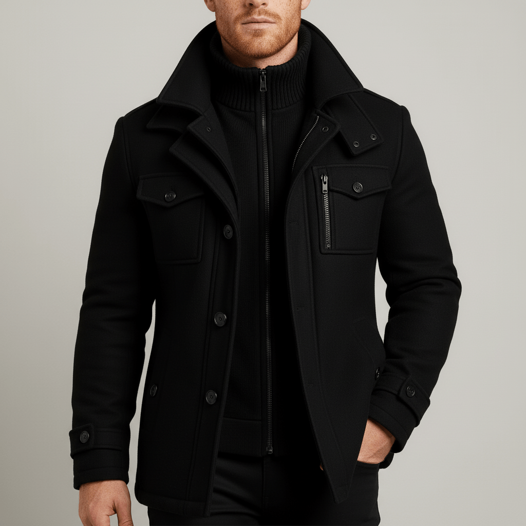 Sofistikerad svart herrkappa "Ethan", smal passform, ger en stilsäker look för alla årstider.