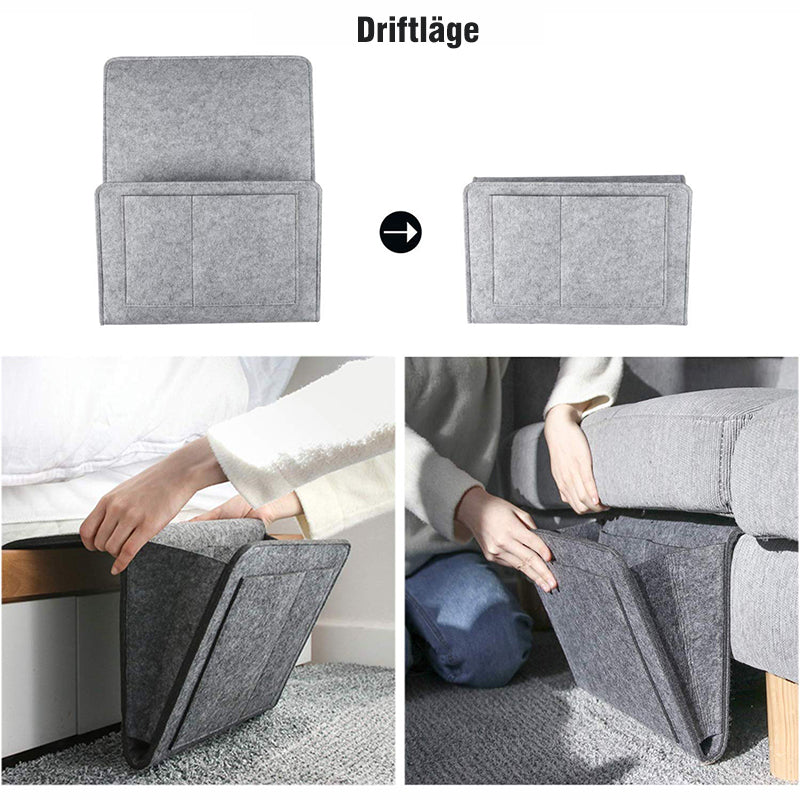 Svart filtförvaringsväska vid soffan, perfekt för organisation i vardagsrum och sovrum, elegant design 22x27 cm.