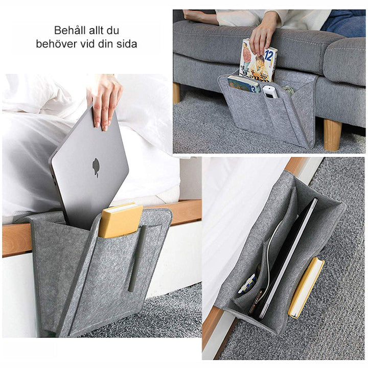 Svart filtförvaringsväska vid soffan, perfekt för organisation i vardagsrum och sovrum, elegant design 22x27 cm.