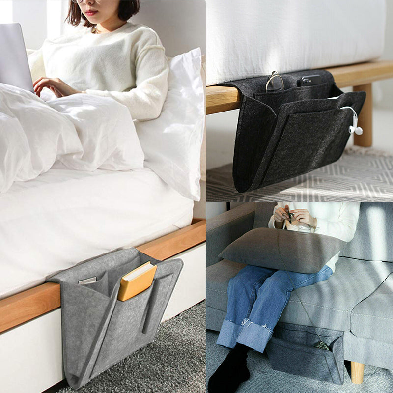 Svart filtförvaringsväska vid soffan, perfekt för organisation i vardagsrum och sovrum, elegant design 22x27 cm.