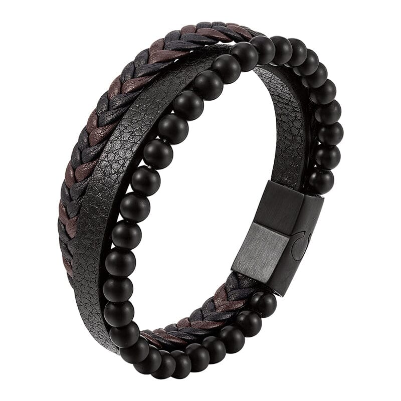 Svart flätat armband med hematitpärlor, stresslindrande och elegant accessoar för moderna män.