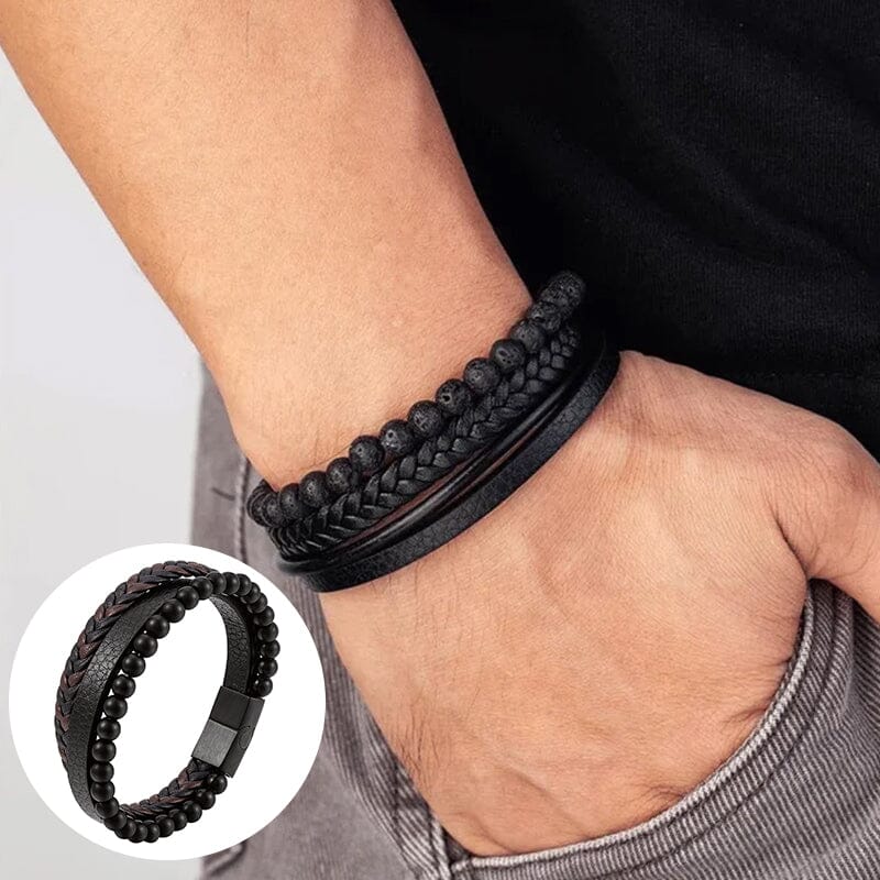 Svart flätat armband med hematitpärlor, stresslindrande och elegant accessoar för moderna män.