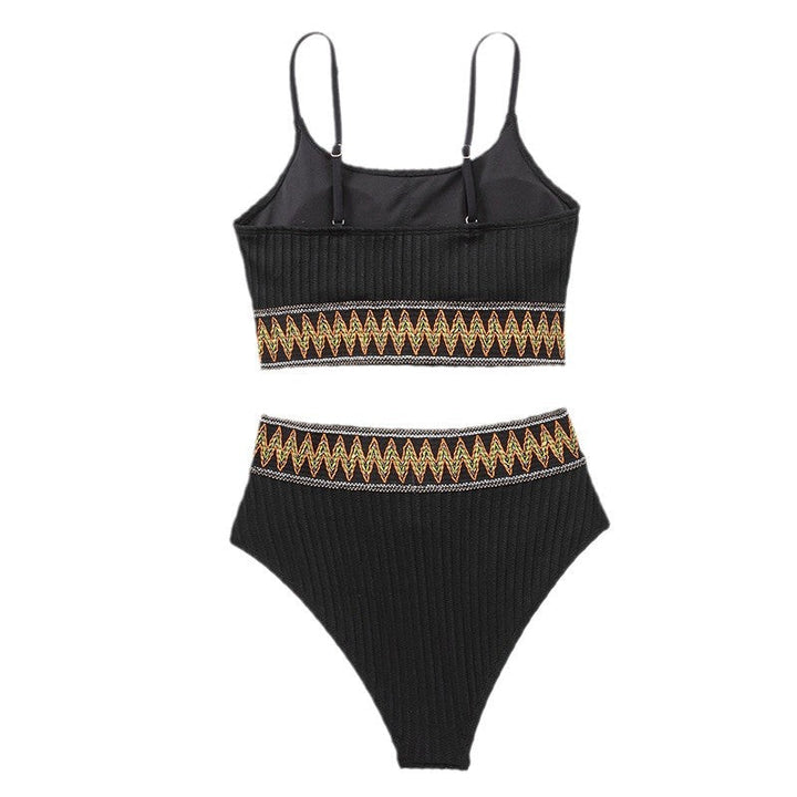 Elegant svart högmidjad bikini-set för dam. Modern crop top badkläder med justerbar passform för strand & pool.