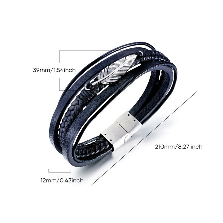 Svart herrarmband med fjäderdesign, justerbart och stilrent för en elegant look, symboliserar frihet.