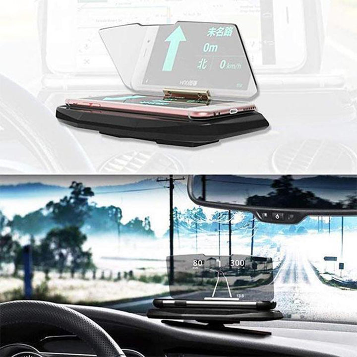 "Svart HUD Display och mobilhållare för bil, med trådlös laddning och tydlig display i ljusa förhållanden."